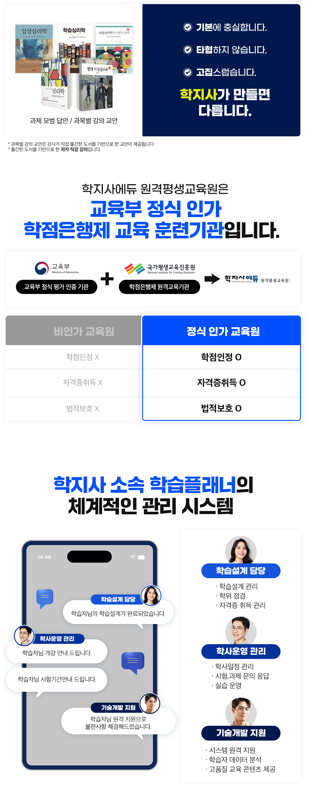 1. 학지사가 만들면 다릅니다. 2. 교육부 정식 인가 학점은행제 교육 훈련기관 입니다. 3. 학지사 소속 학습플래너의 체계적인 관리 시스템