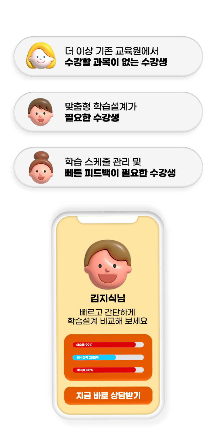 더 이상 기존 교육원에서 수강할 과목이 없는 수강생 맞춤형 학습설계가 필요한 수강생 학습스케줄 관리 및 빠른 피드백이 필요한 수강생 김지식님 빠르고 간단하게 학습설계 비교해 보세요 지금 바로 상담받기
